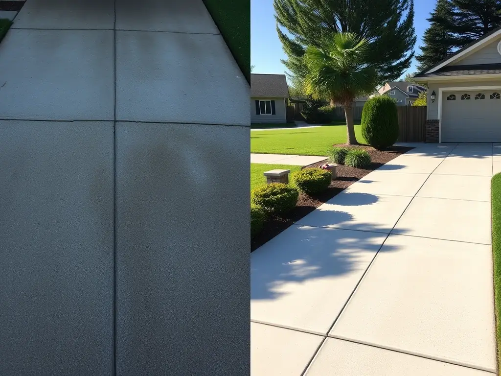A before-and-after shot of a driveway, showing the removal of oil stains and grime through power washing, restoring the surface to its original condition.