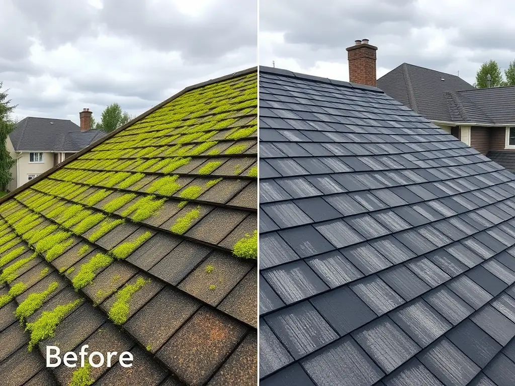 A residential roof being gently soft washed, with moss and algae visibly disappearing, showcasing the effectiveness of the cleaning process and the care taken to protect the roofing materials.