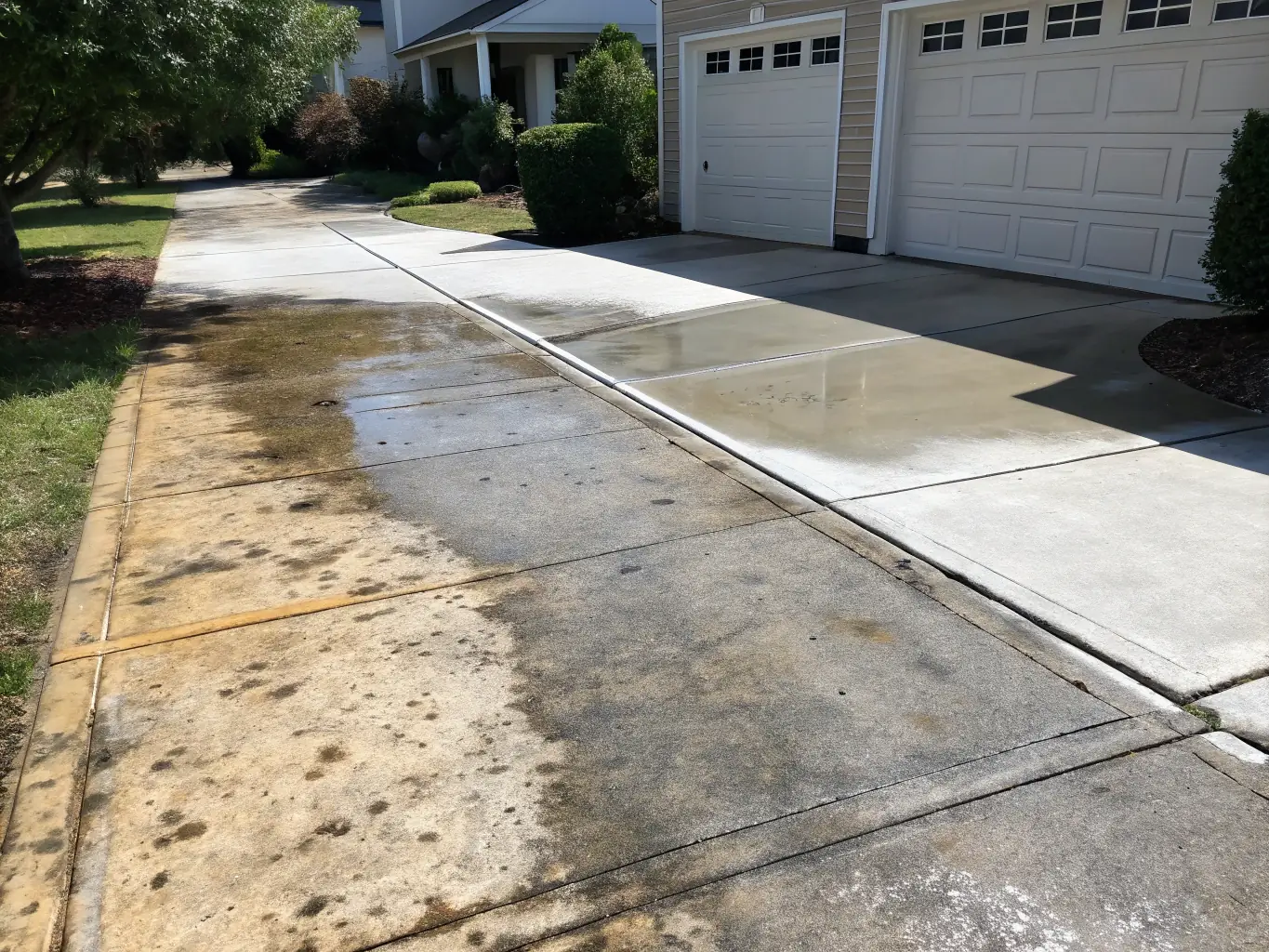 A dirty, stained driveway being power washed, with a clear line showing the cleaned vs. uncleaned areas, illustrating our Driveway Cleaning service.
