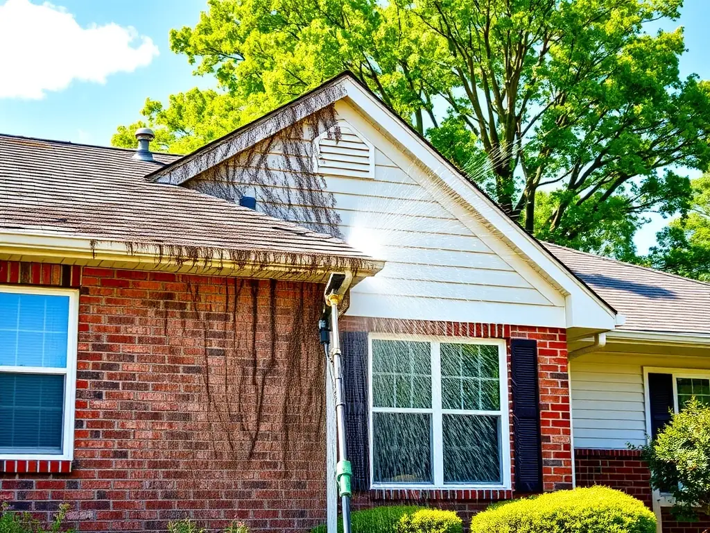 A house exterior being thoroughly cleaned with a soft wash system, showcasing the effectiveness of our House Wash service.