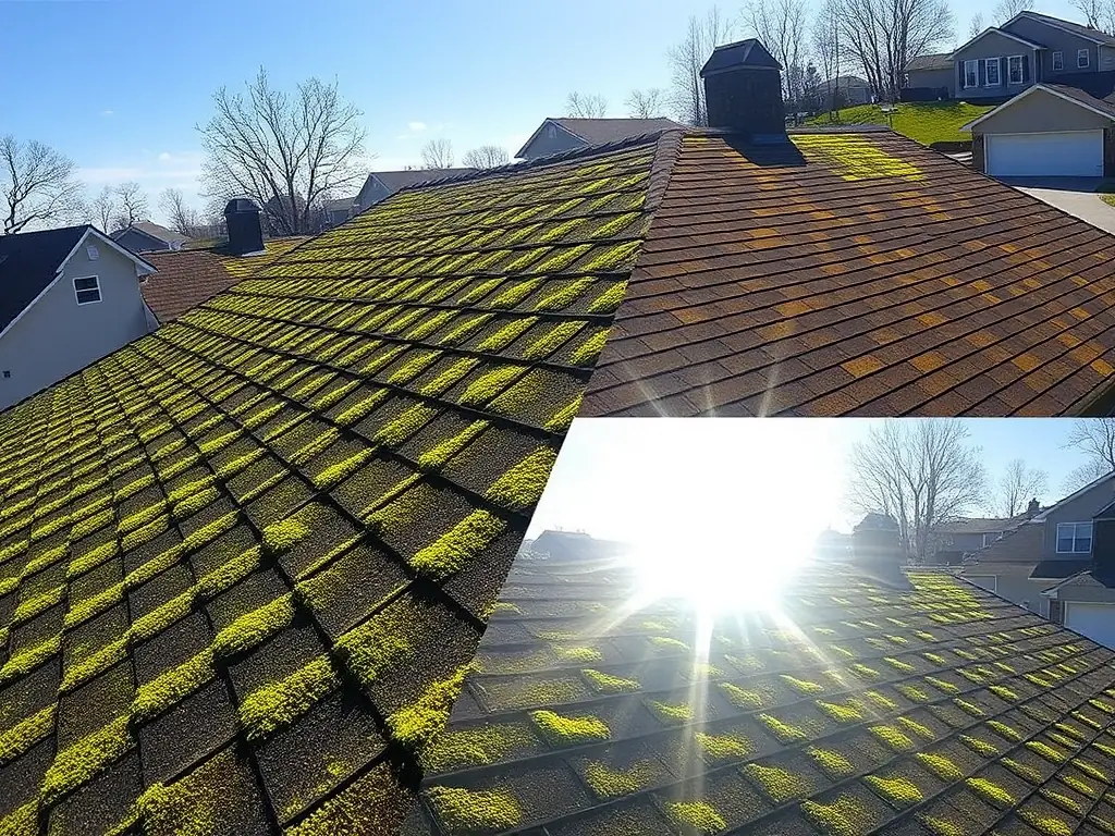 A residential roof covered in moss being treated with a soft wash solution, demonstrating the initial stages of our Roof Wash service.