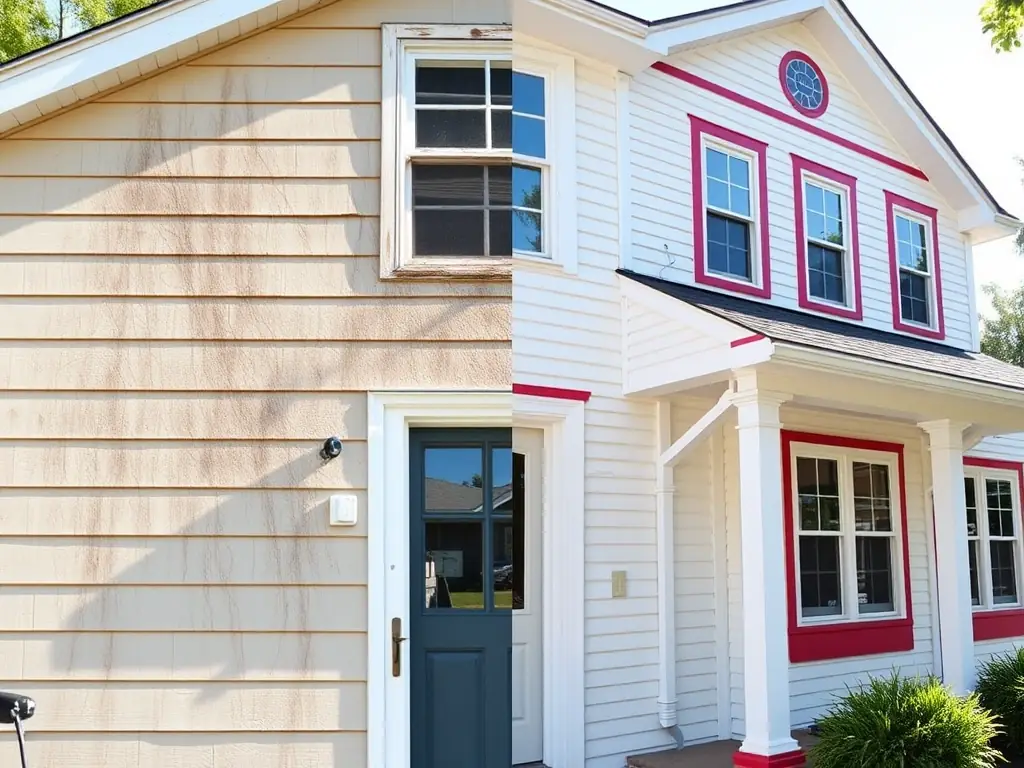 A house exterior being power washed, with a clear difference between the dirty and cleaned sections, highlighting the transformative effect of the service.